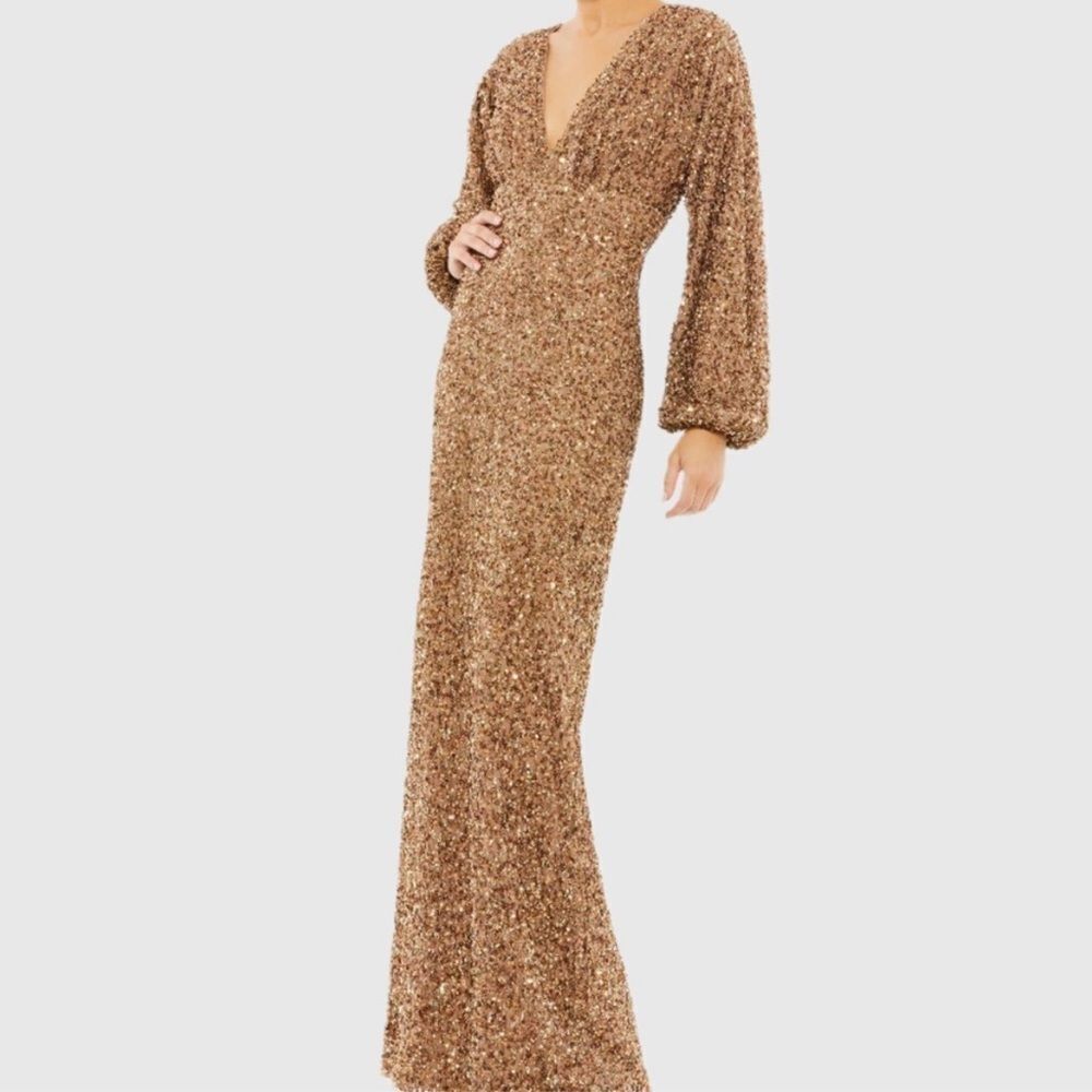 NWT MAC DUGGAL Bronze Sequined Puff Sleeve V Neck Gown Sz 8 #10791